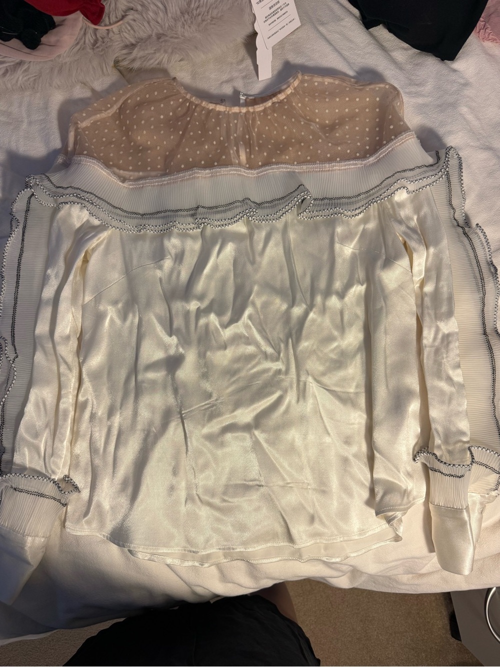 Self-Portrait Ivory Sheer Dotted Yoke Satin Blouse